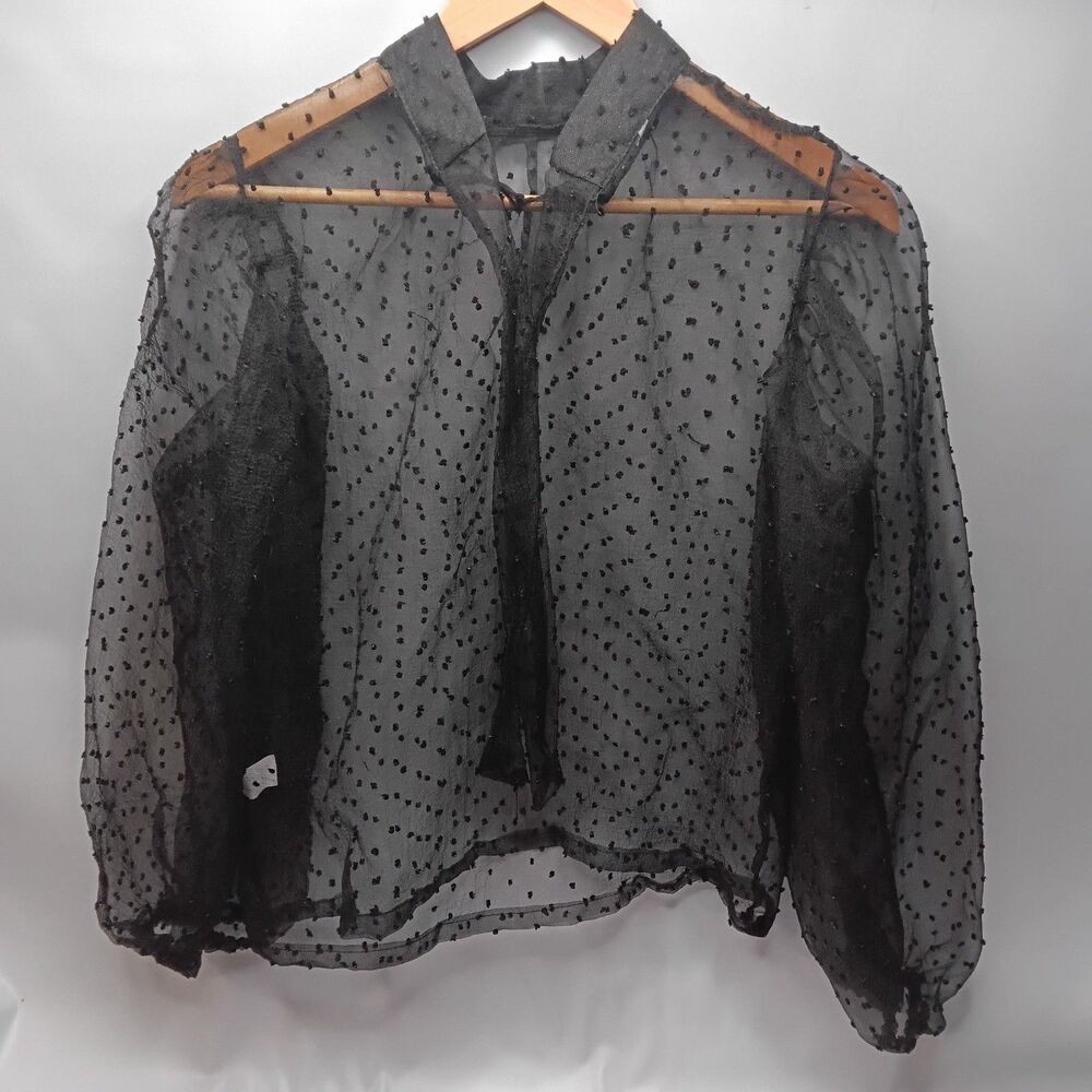No Brand Women Black Sheer Organza Polka Dot Button Up Balloon Sleeve Blouse XL